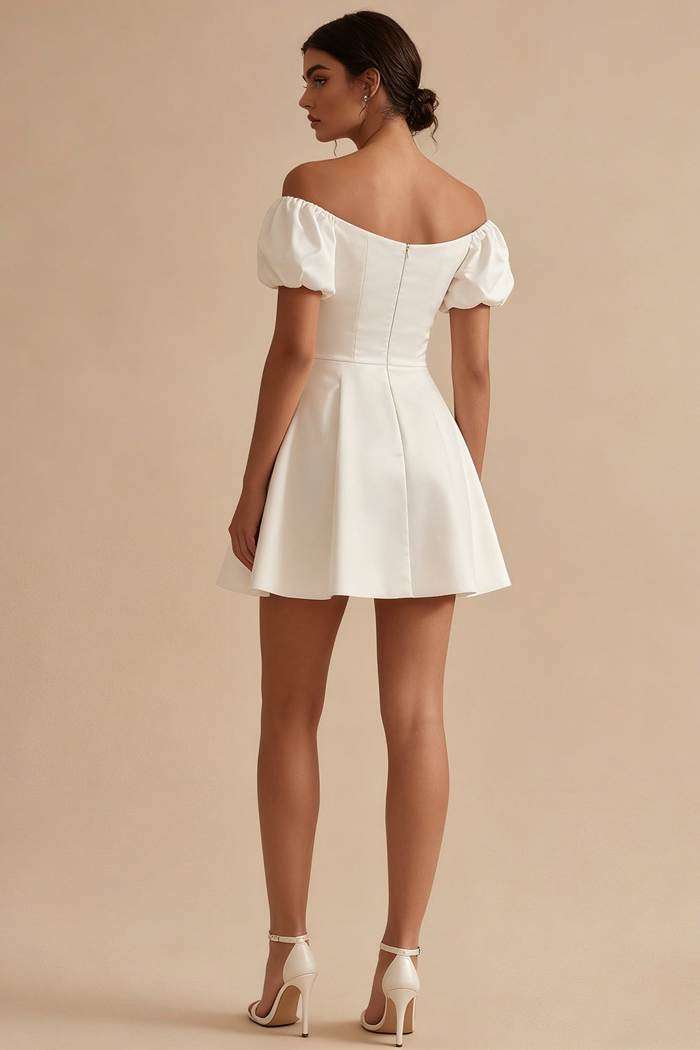 White Puff Sleeves Off-the-Shoulder Short A-Line Graduation Dress
