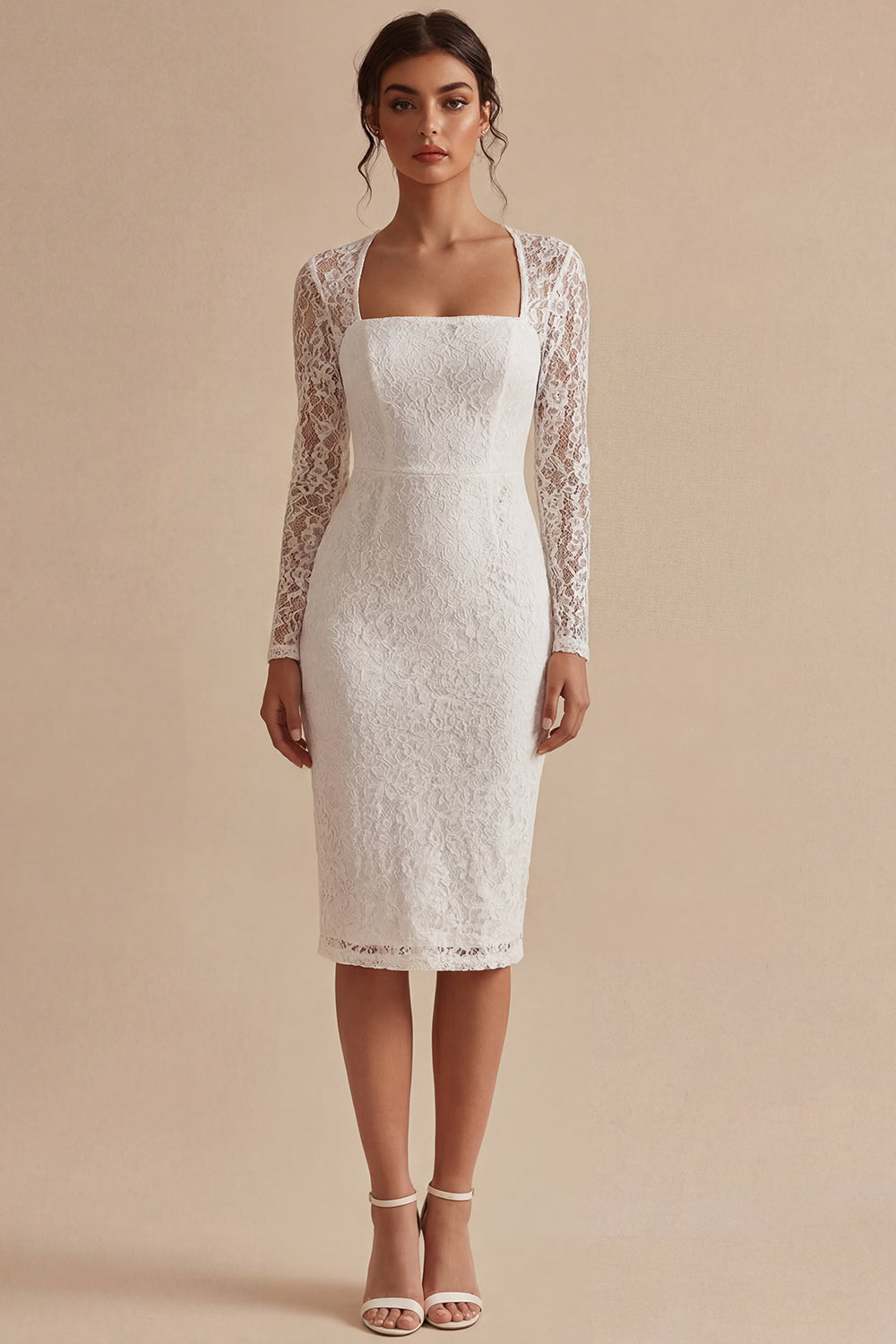 Robe de fiançailles bohème blanche florale en dentelle moulante à manches longues