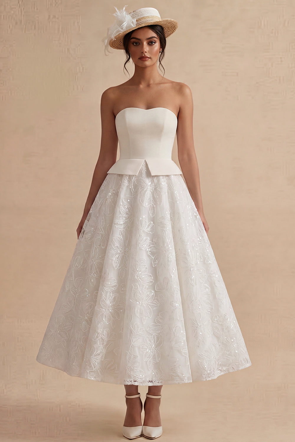 White Strapless Long Floral Lace A Line Boho Wedding Dress