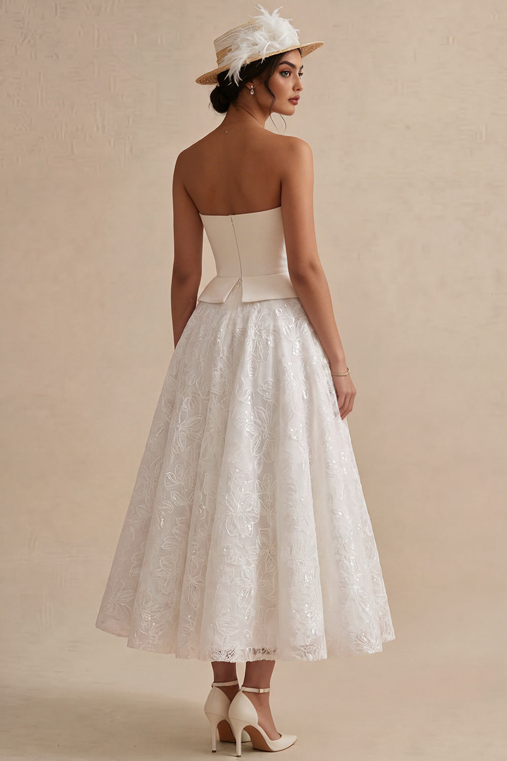 White Strapless Long Floral Lace A Line Boho Wedding Dress