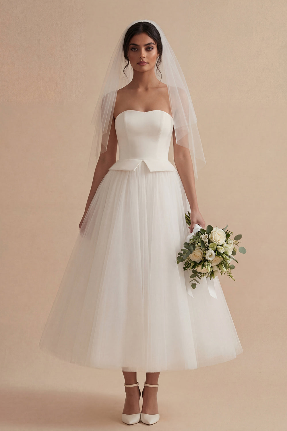 White A Line Strapless Long Boho Wedding Dress