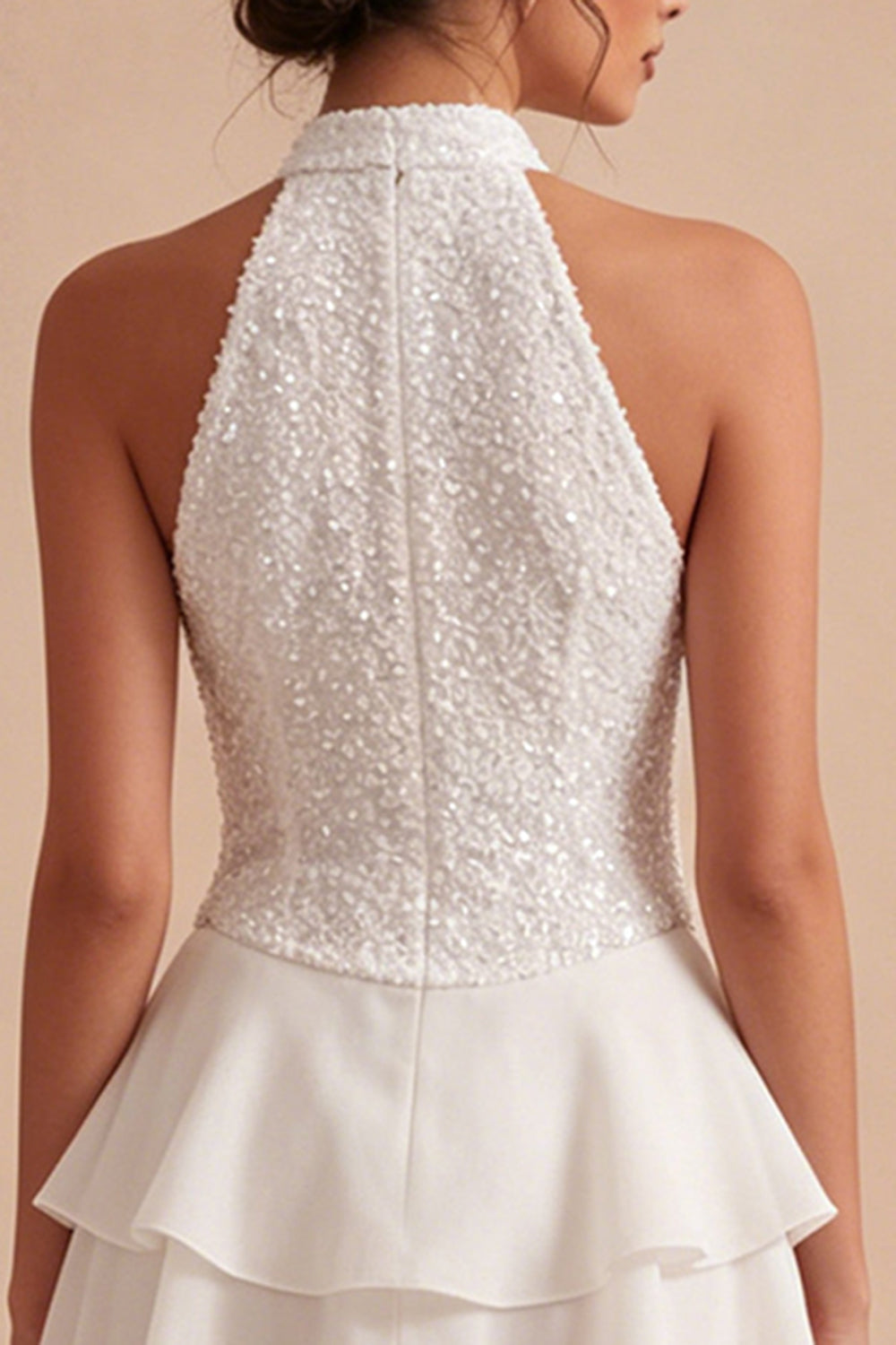A Line Sequin Halter White Tiered Ruffle Mini Dress
