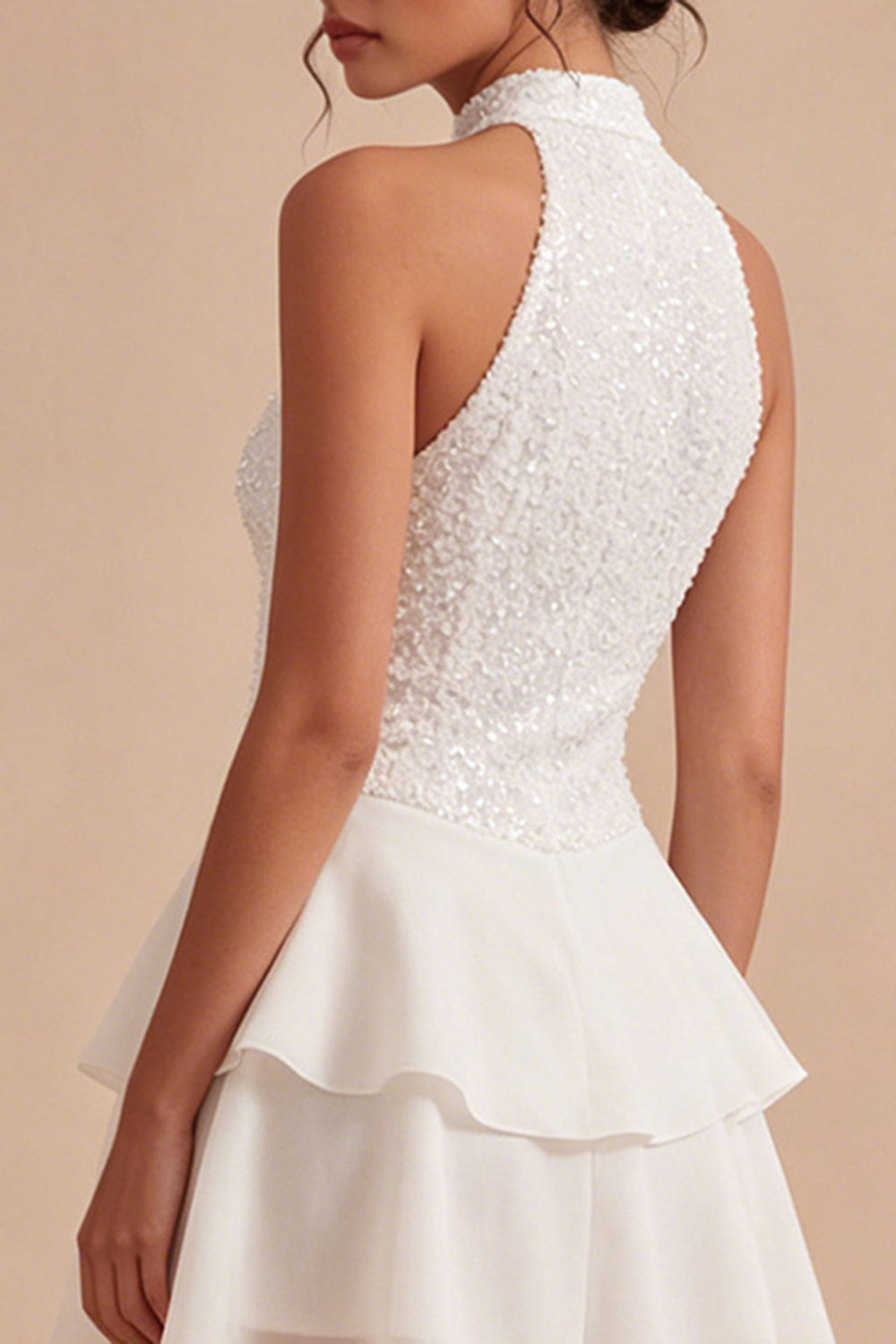 A Line Sequin Halter White Tiered Ruffle Mini Dress