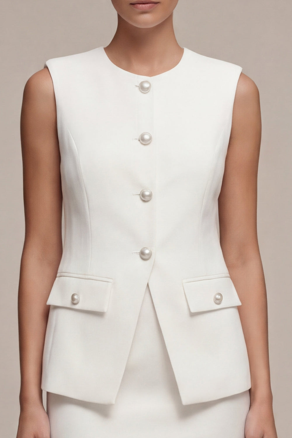 White 2 Piece Round Neck Single Breasted Short Business Dress