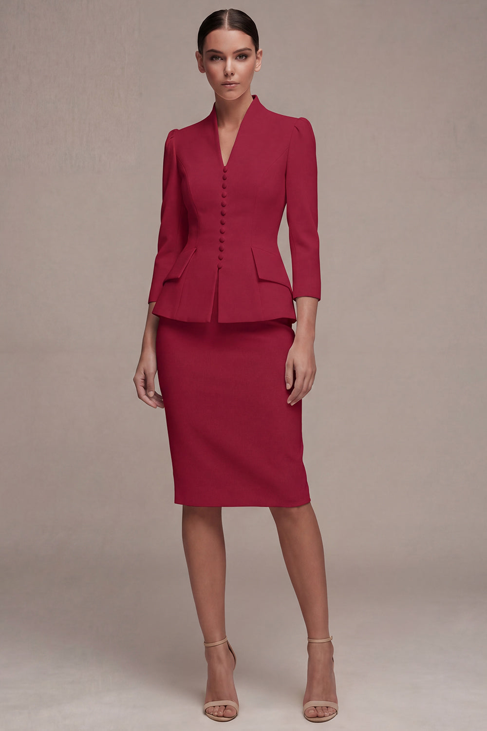 Ivory 3/4 Sleeves Shawl Lapel 2 Piece Single Breasted Midi Women's Suits