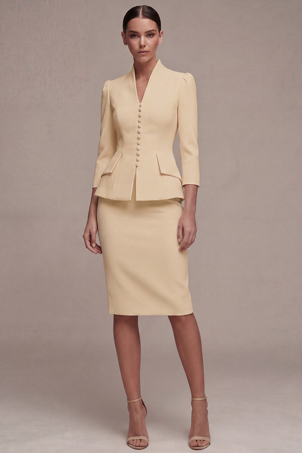 Ivory 3/4 Sleeves Shawl Lapel 2 Piece Single Breasted Midi Women's Suits