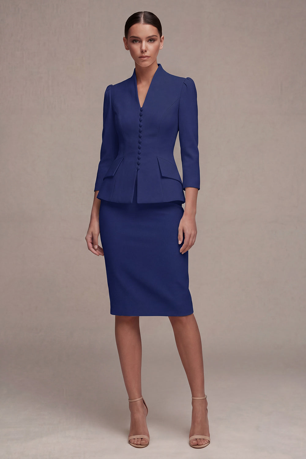 Ivory 3/4 Sleeves Shawl Lapel 2 Piece Single Breasted Midi Women's Suits