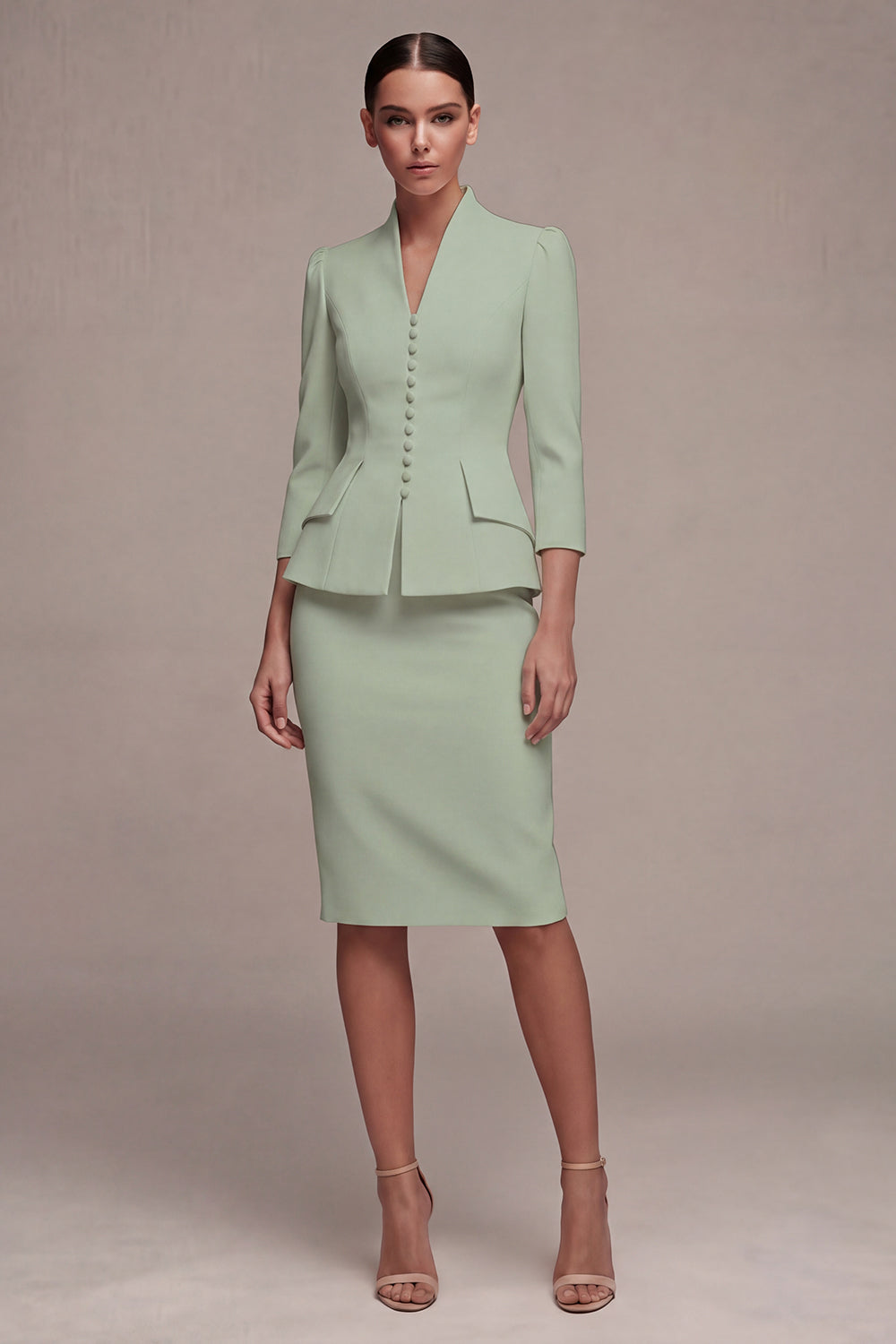 Ivory 3/4 Sleeves Shawl Lapel 2 Piece Single Breasted Midi Women's Suits