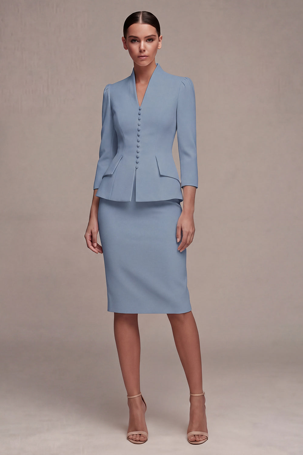 Ivory 3/4 Sleeves Shawl Lapel 2 Piece Single Breasted Midi Women's Suits