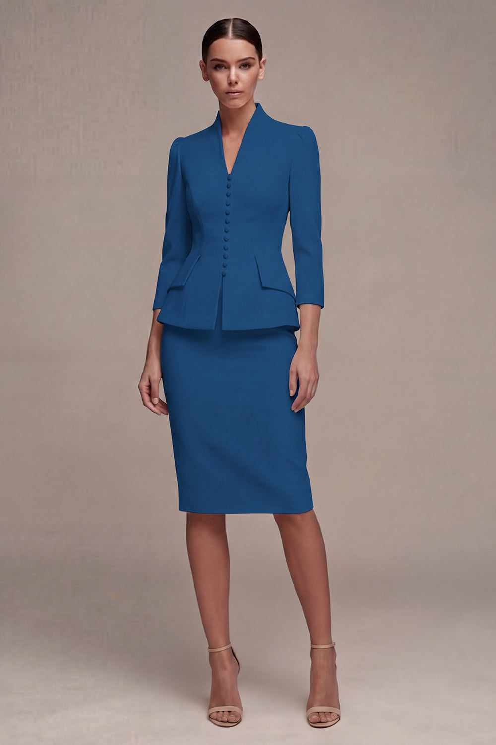 Ivory 3/4 Sleeves Shawl Lapel 2 Piece Single Breasted Midi Women's Suits