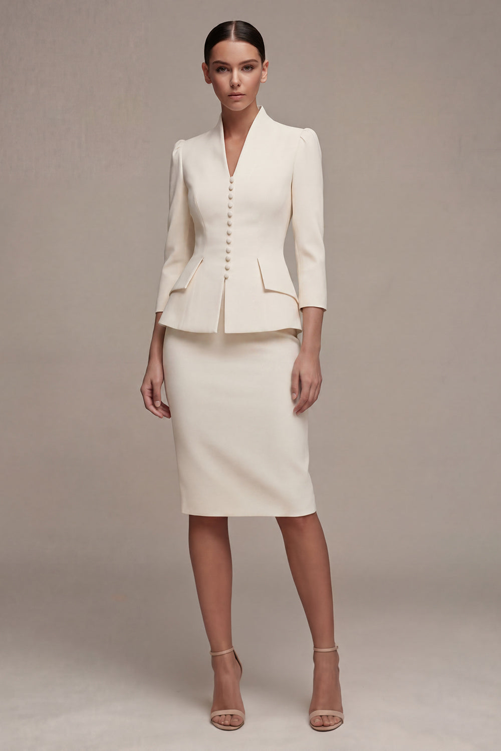 Ivory 3/4 Sleeves Shawl Lapel 2 Piece Single Breasted Midi Women's Suits