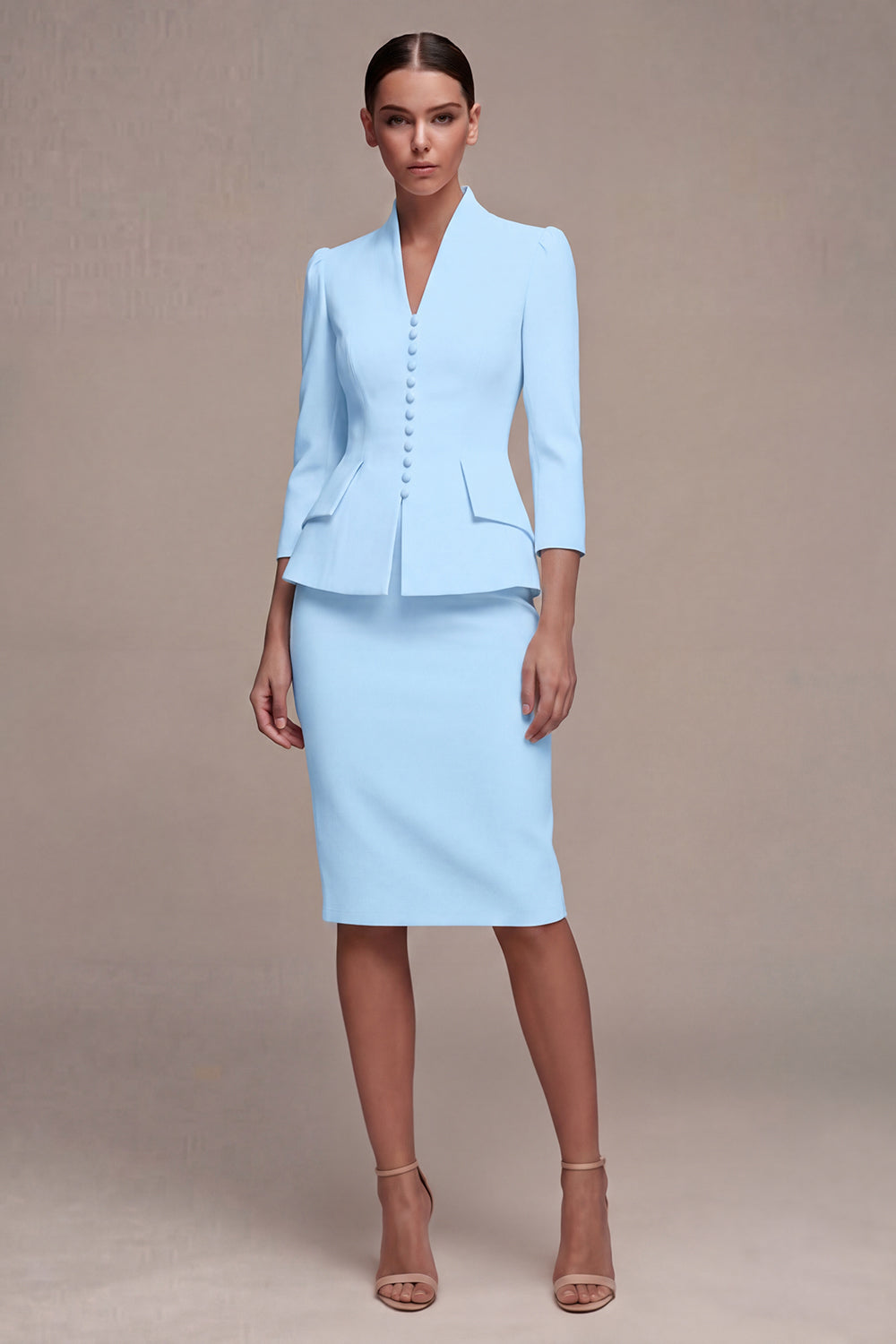 Ivory 3/4 Sleeves Shawl Lapel 2 Piece Single Breasted Midi Women's Suits