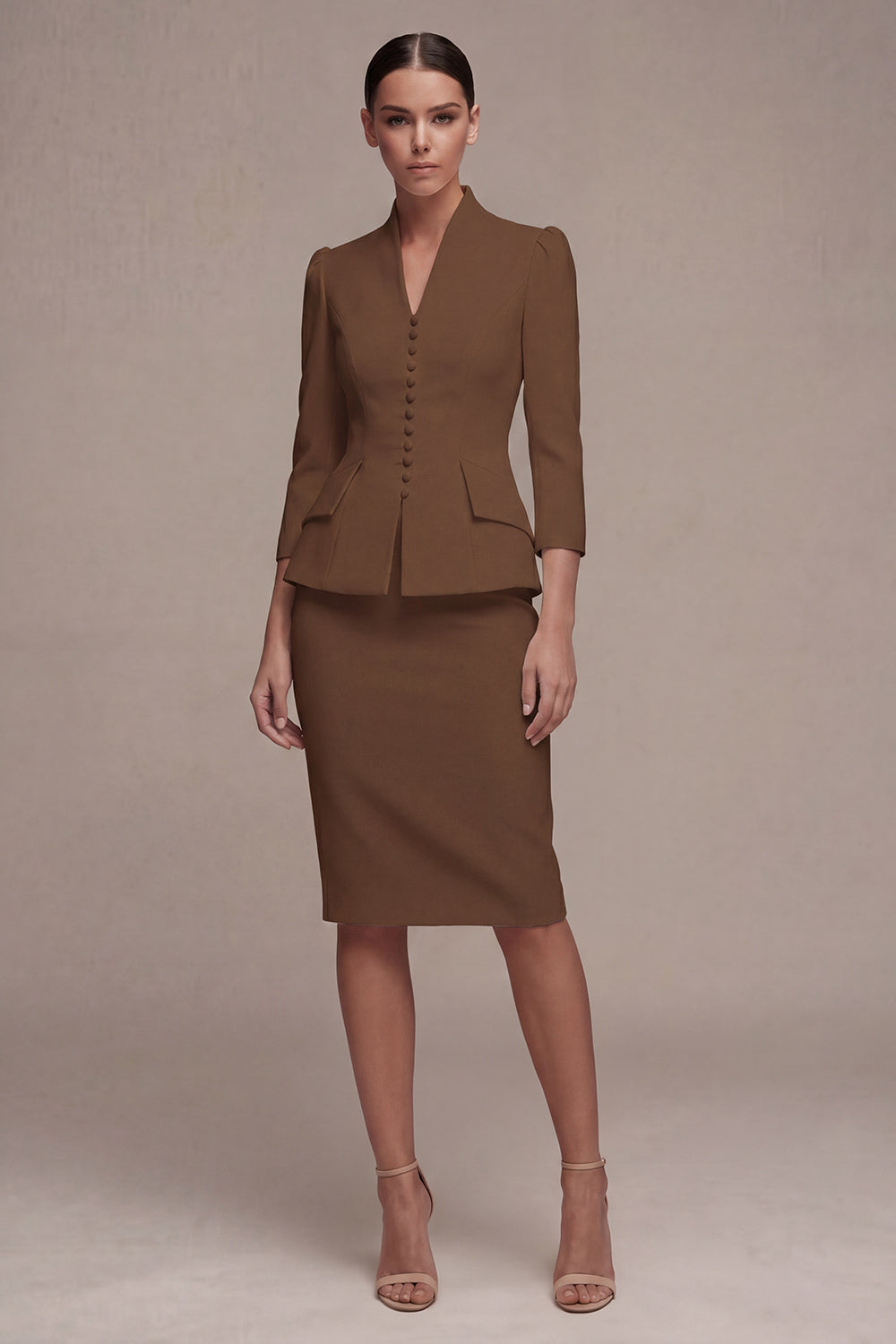 Ivory 3/4 Sleeves Shawl Lapel 2 Piece Single Breasted Midi Women's Suits