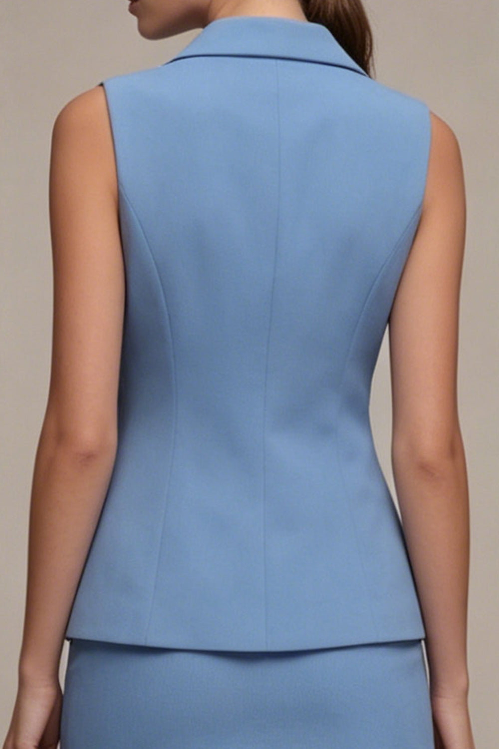 Robe de soirée courte cintrée bleu acier, 2 pièces, revers cranté, coupe ajustée, simple boutonnage