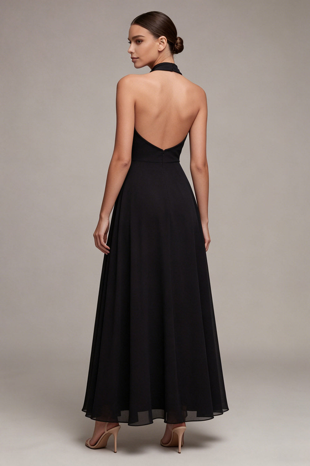 Black Backless Halter A Line Long Formal Dress