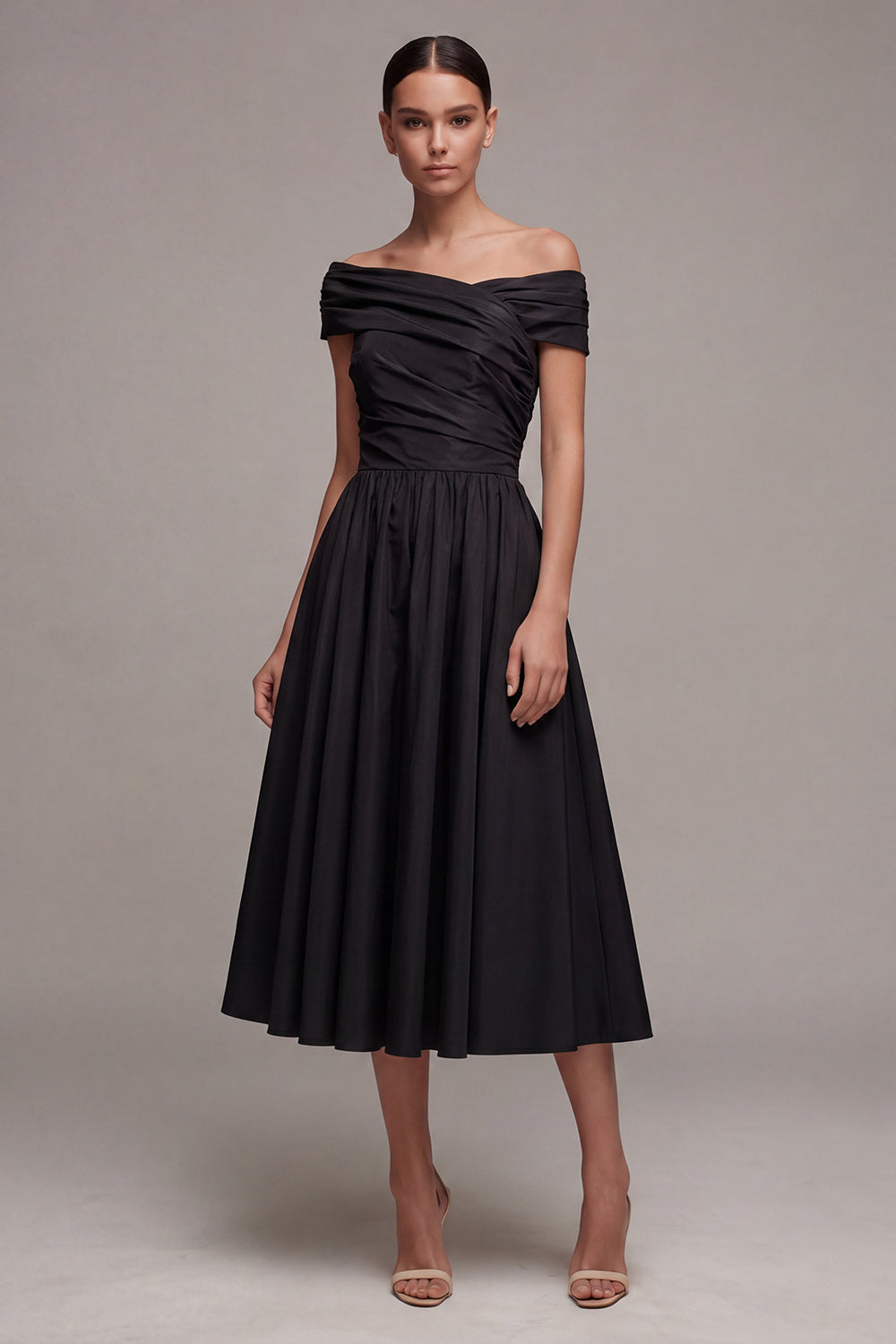 Black Ruched Long A-Line Off-the-Shoulder Formal Dress