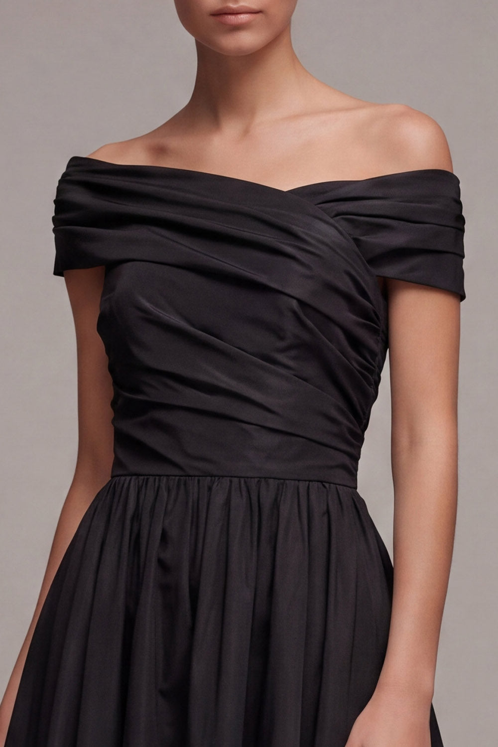 Black Ruched Long A-Line Off-the-Shoulder Formal Dress
