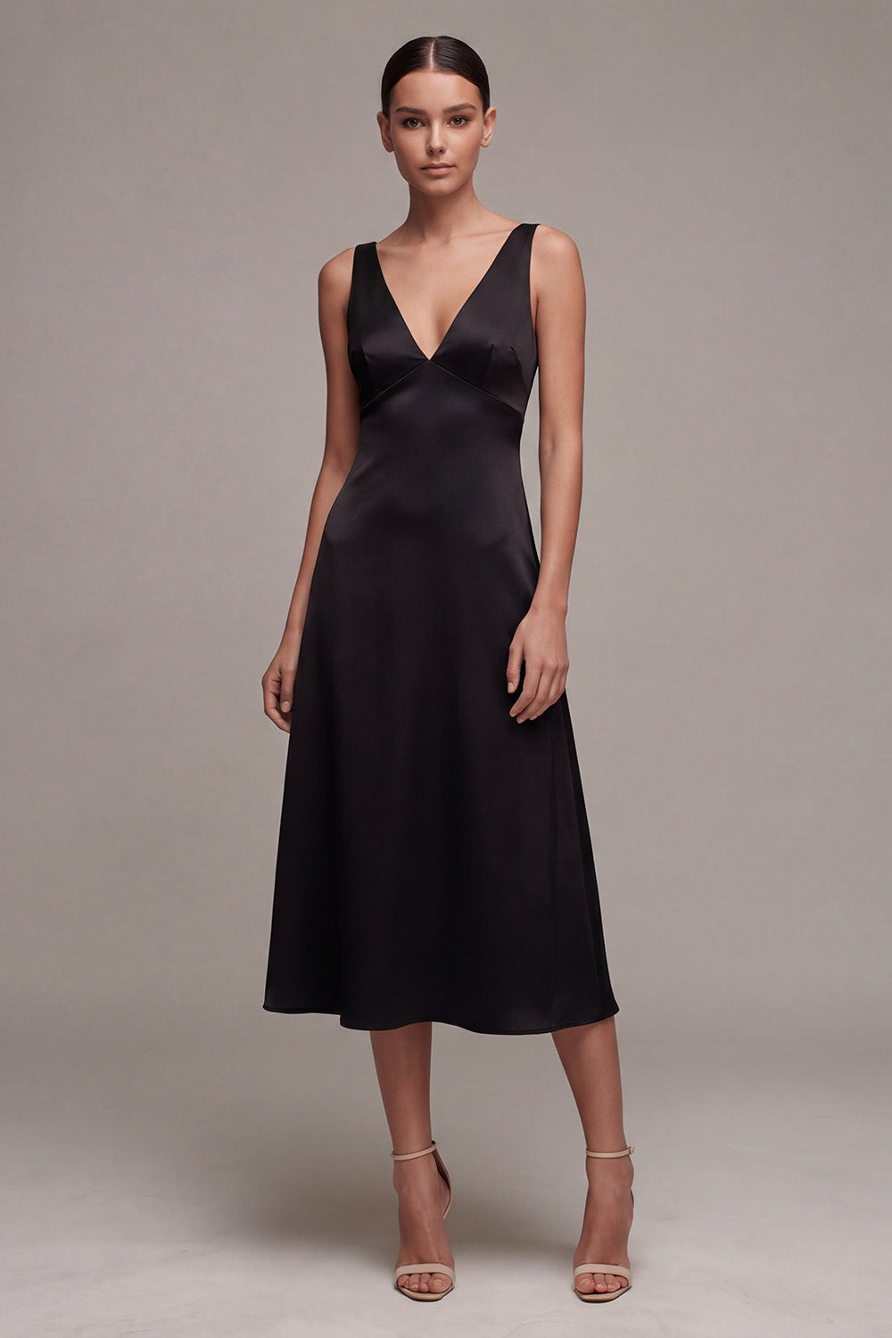 Black A Line Satin Long V-Neck Formal Dress