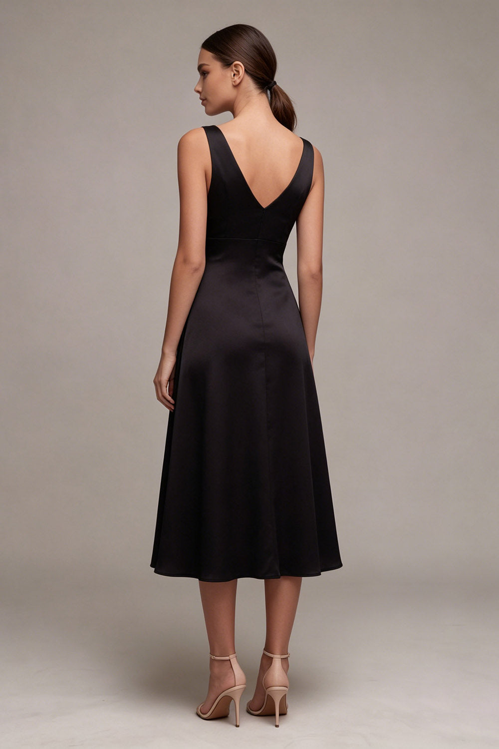 Black A Line Satin Long V-Neck Formal Dress