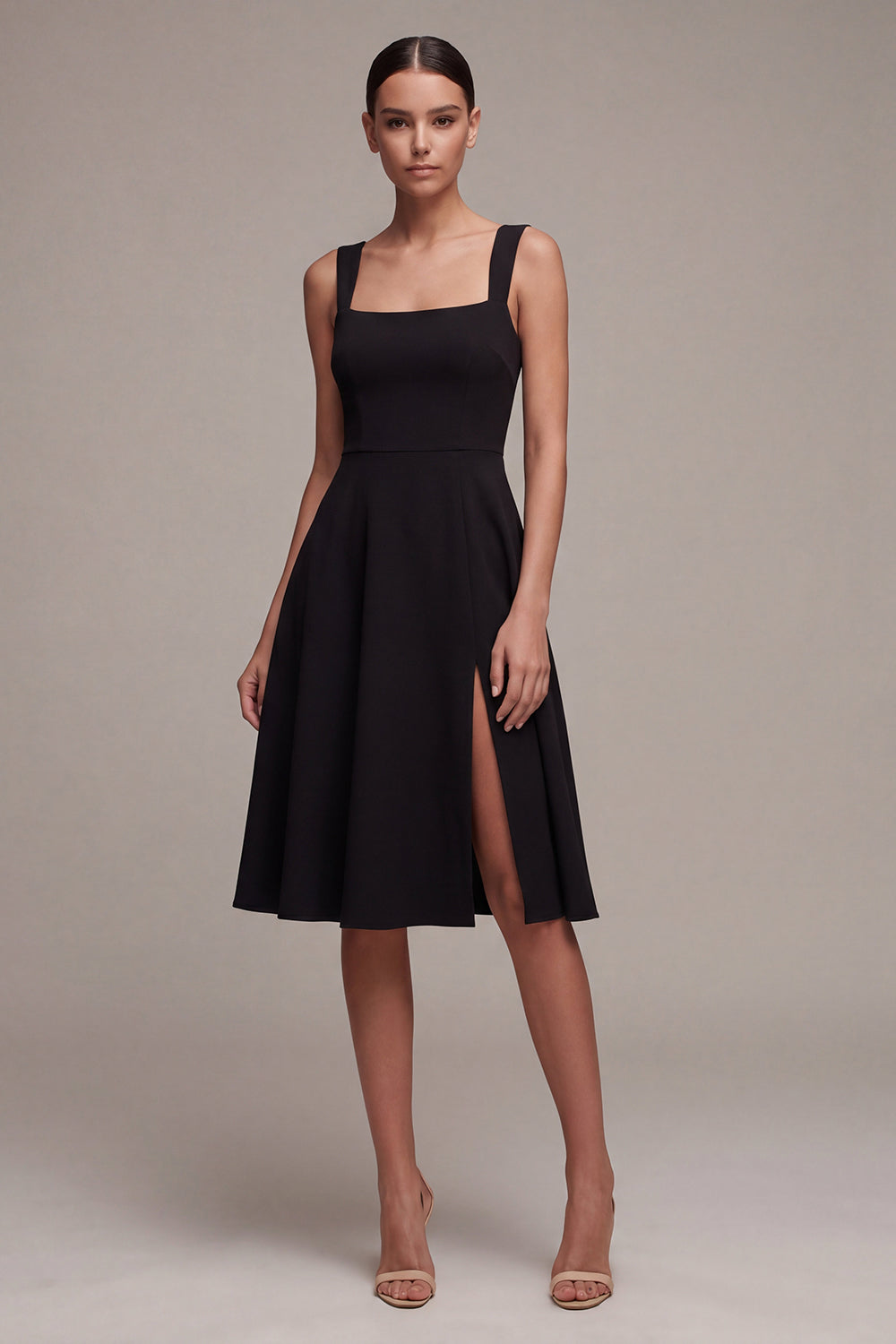 Black Square Neck A Line Midi Formal Dress with Slit