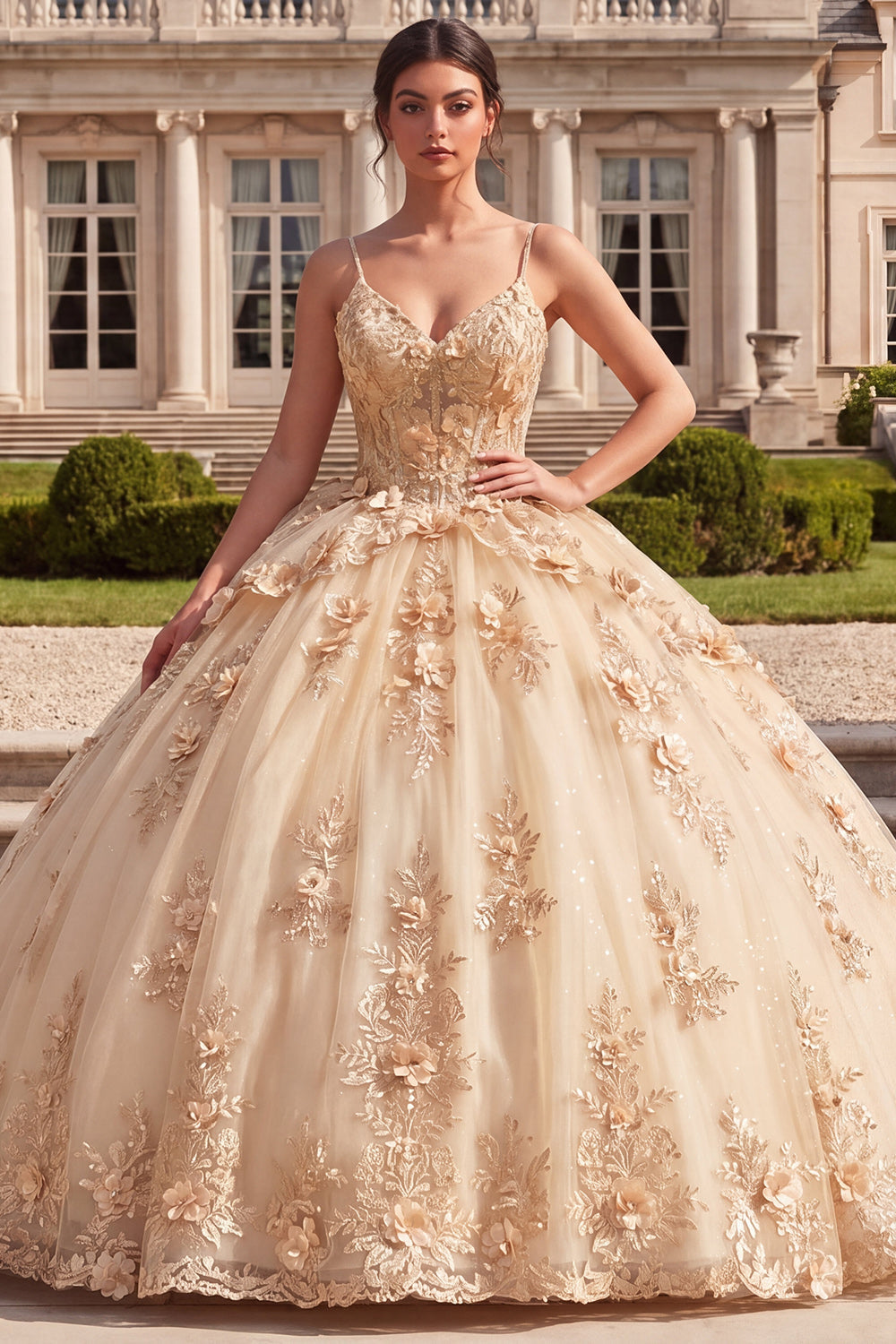 Vestido de Quinceañera Color Champaña con Corsé de Gala y Flores 3D