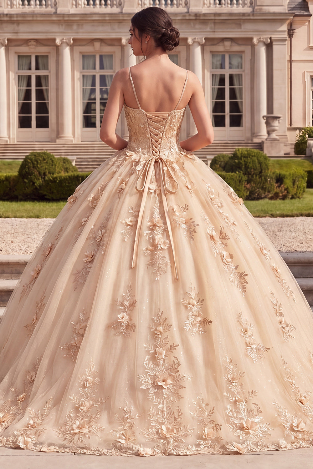 Vestido de Quinceañera Color Champaña con Corsé de Gala y Flores 3D
