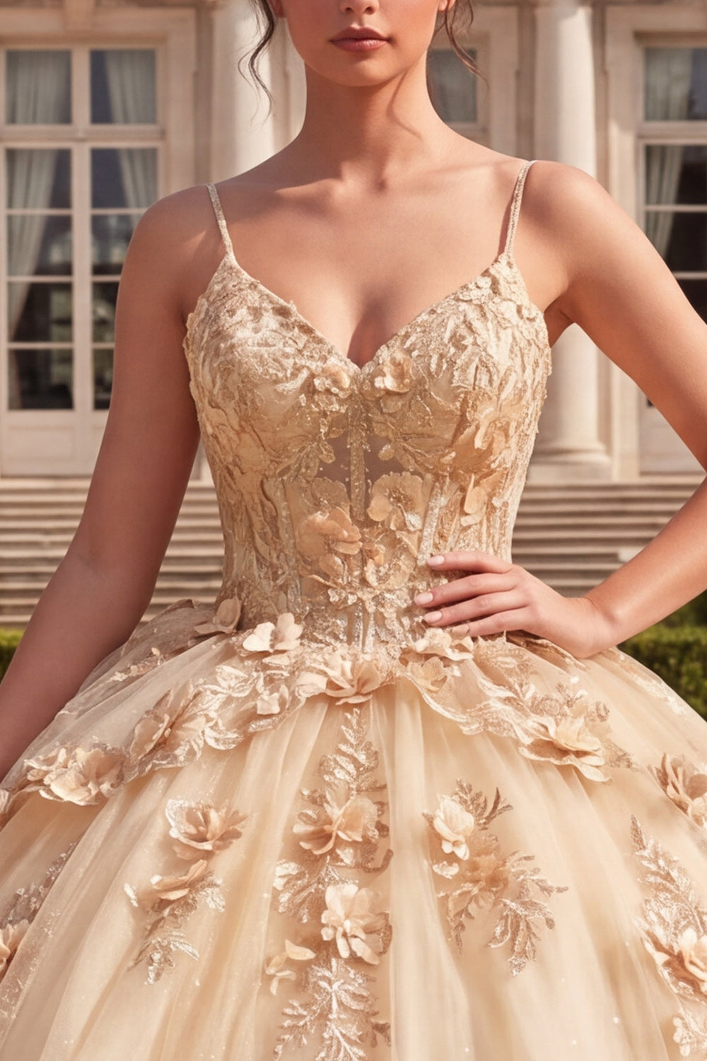 Vestido de Quinceañera Color Champaña con Corsé de Gala y Flores 3D