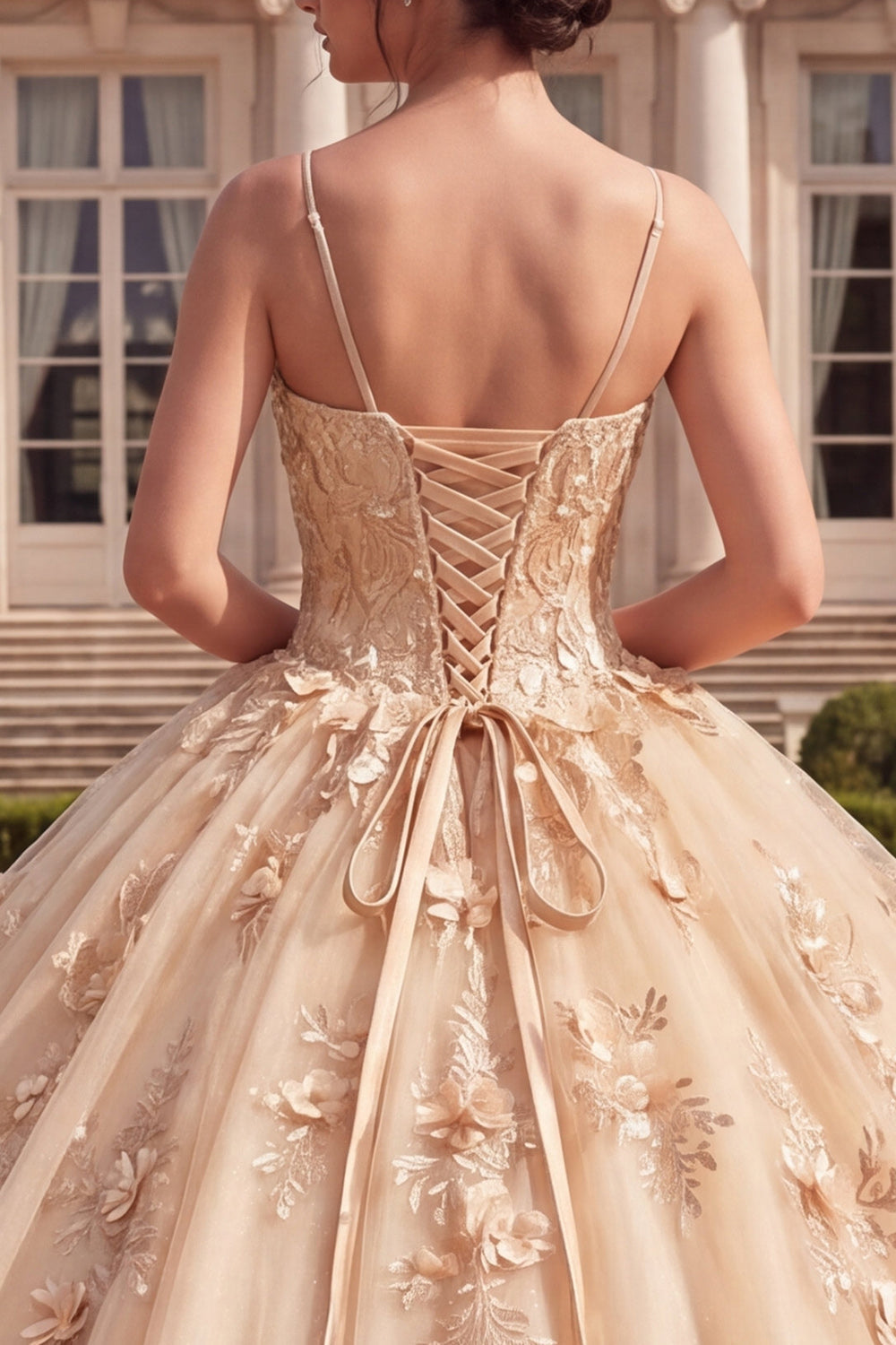 Vestido de Quinceañera Color Champaña con Corsé de Gala y Flores 3D