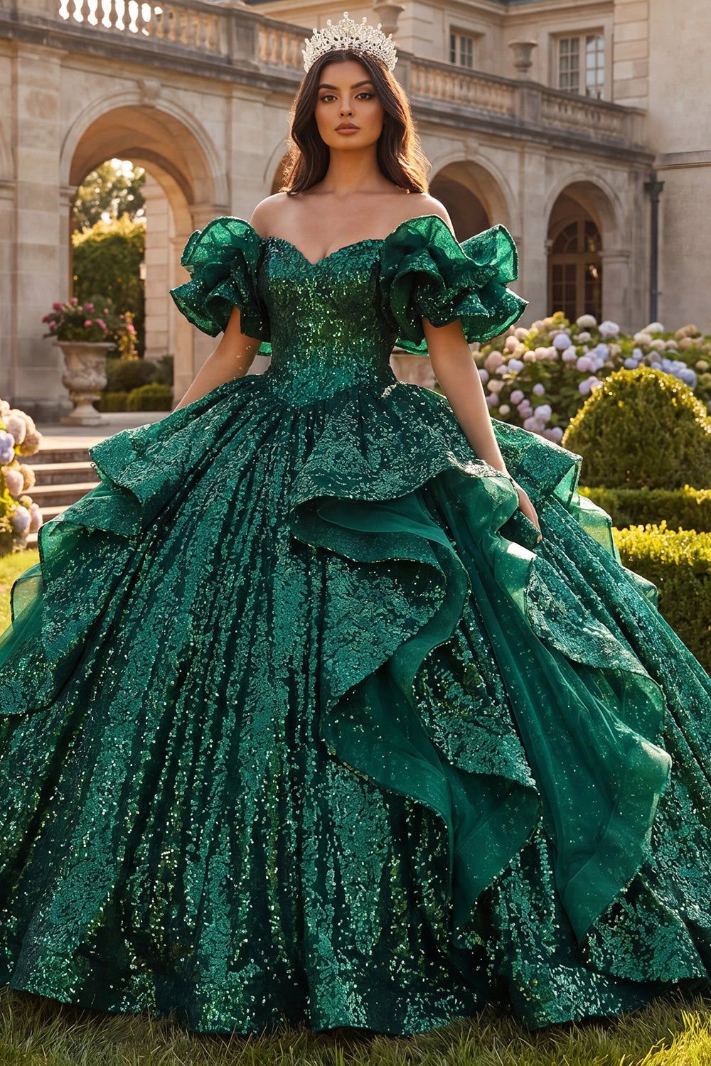 Dark Green Ruffled Off-the-Shoulder Ball Gown Quinceañera Dress