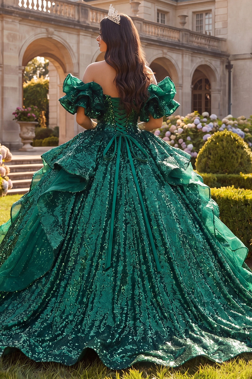 Dark Green Ruffled Off-the-Shoulder Ball Gown Quinceañera Dress