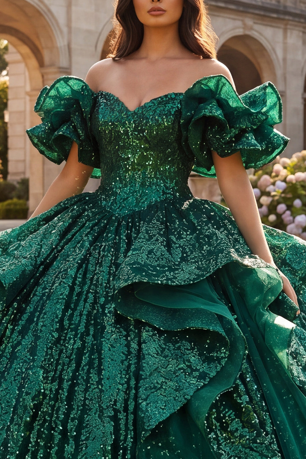 Dark Green Ruffled Off-the-Shoulder Ball Gown Quinceañera Dress