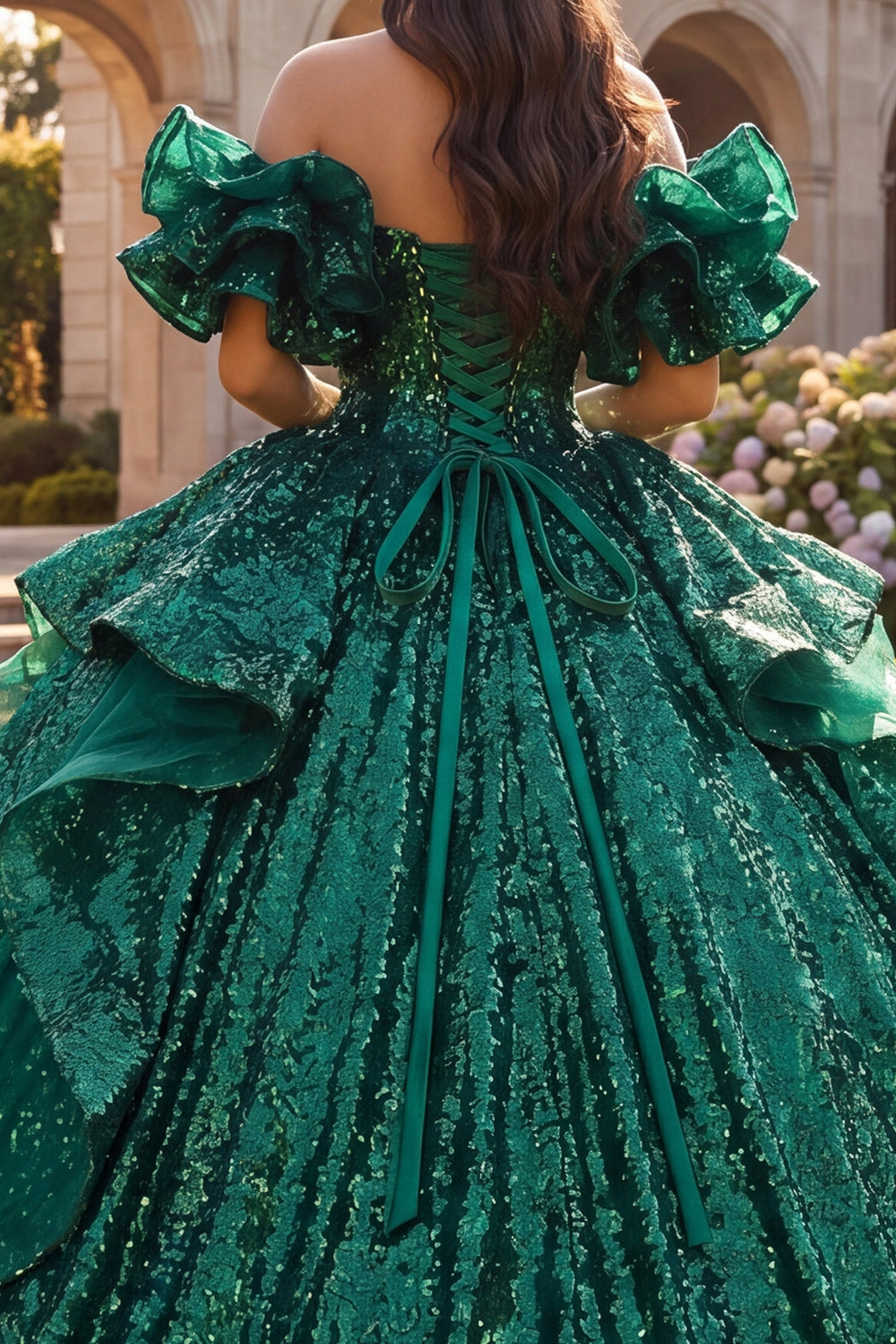 Dark Green Ruffled Off-the-Shoulder Ball Gown Quinceañera Dress