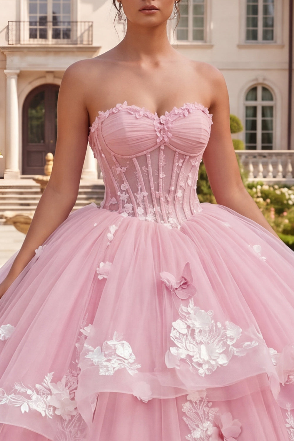 Robe de bal bustier corset rose floral pour Quinceañera
