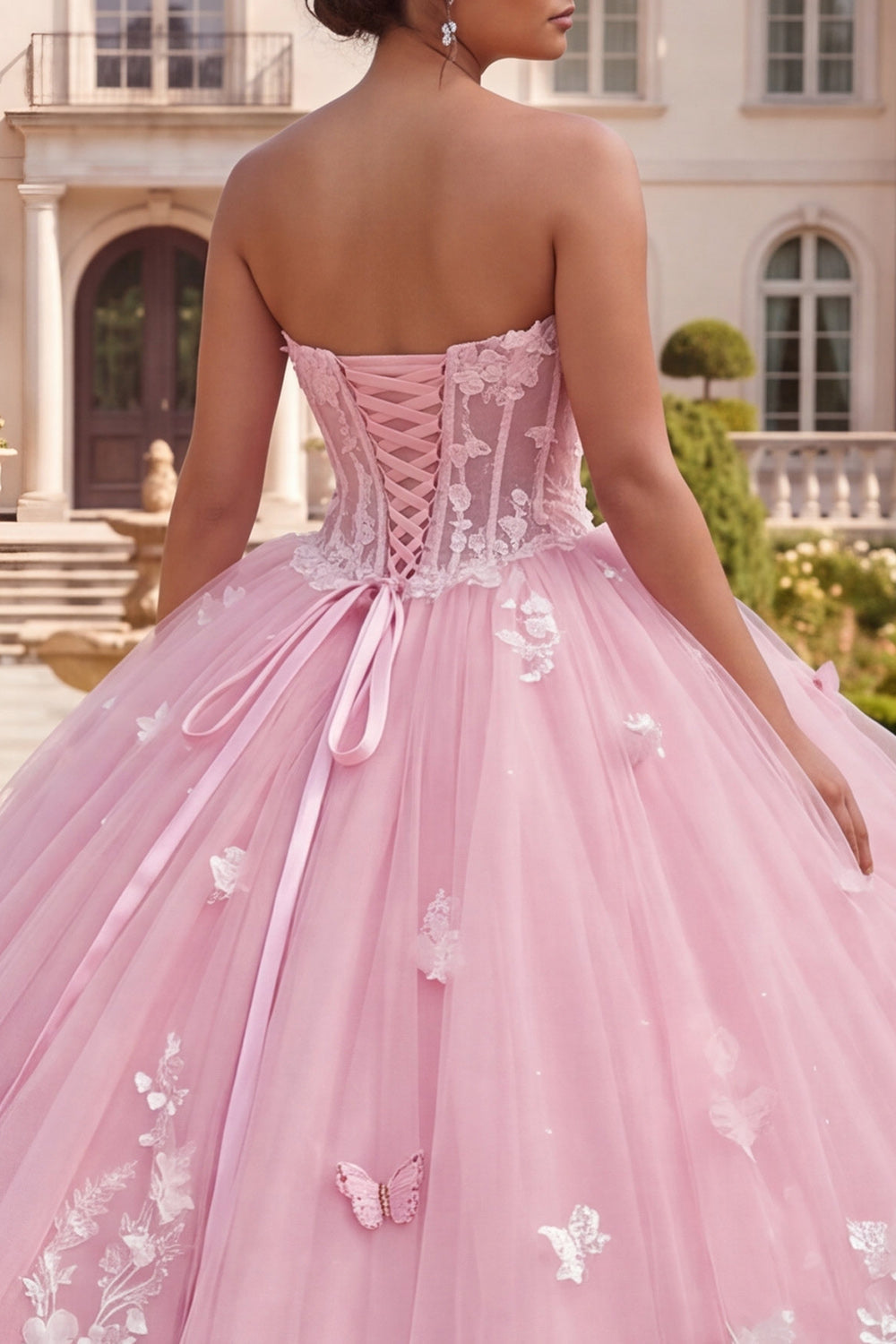 Robe de bal bustier corset rose floral pour Quinceañera