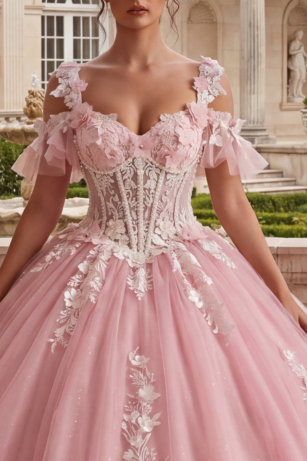 Cold Shoulder Pink Appliqued Ball Gown Quinceanera Dress