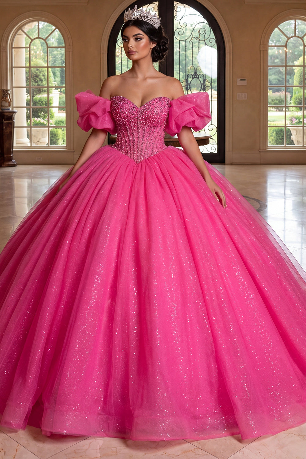 Robe de Quinceañera corset bustier fuchsia à paillettes