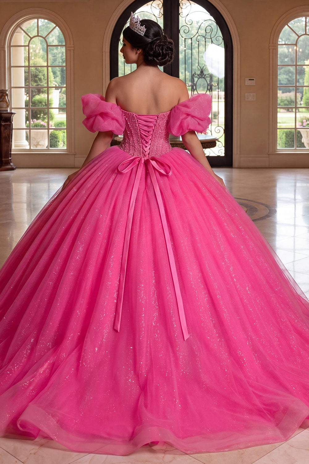 Robe de Quinceañera corset bustier fuchsia à paillettes