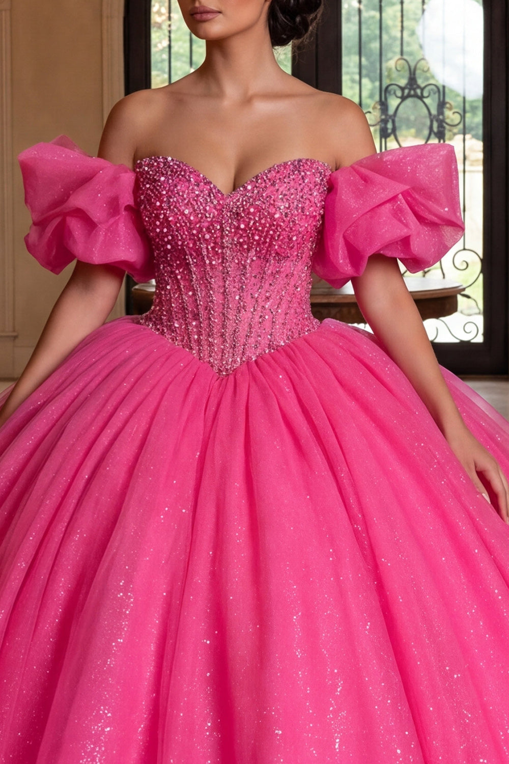 Robe de Quinceañera corset bustier fuchsia à paillettes