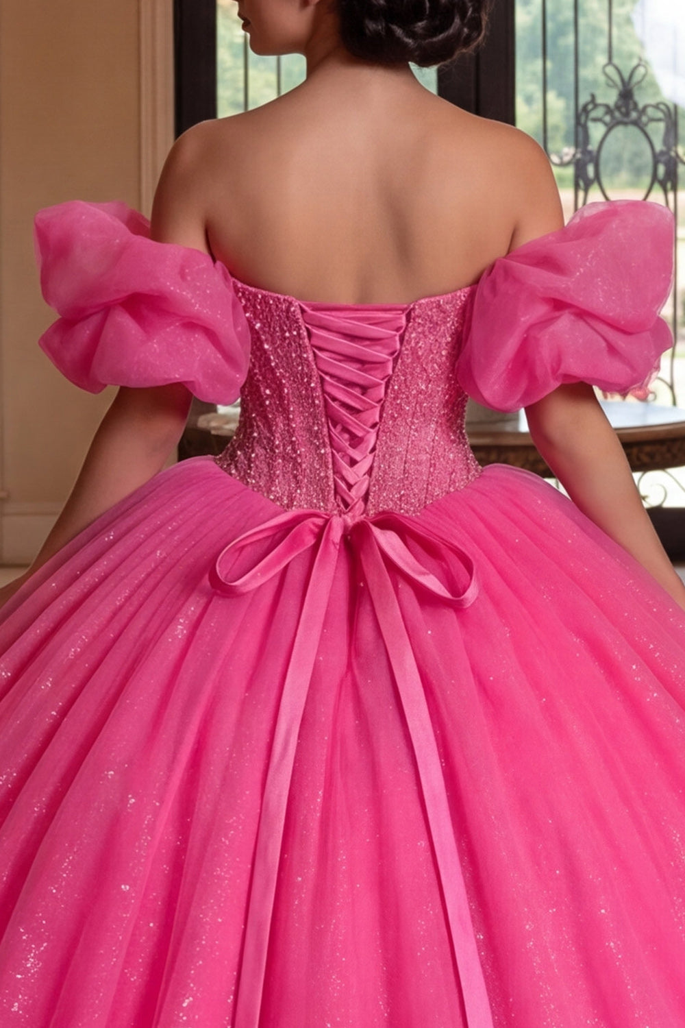 Robe de Quinceañera corset bustier fuchsia à paillettes