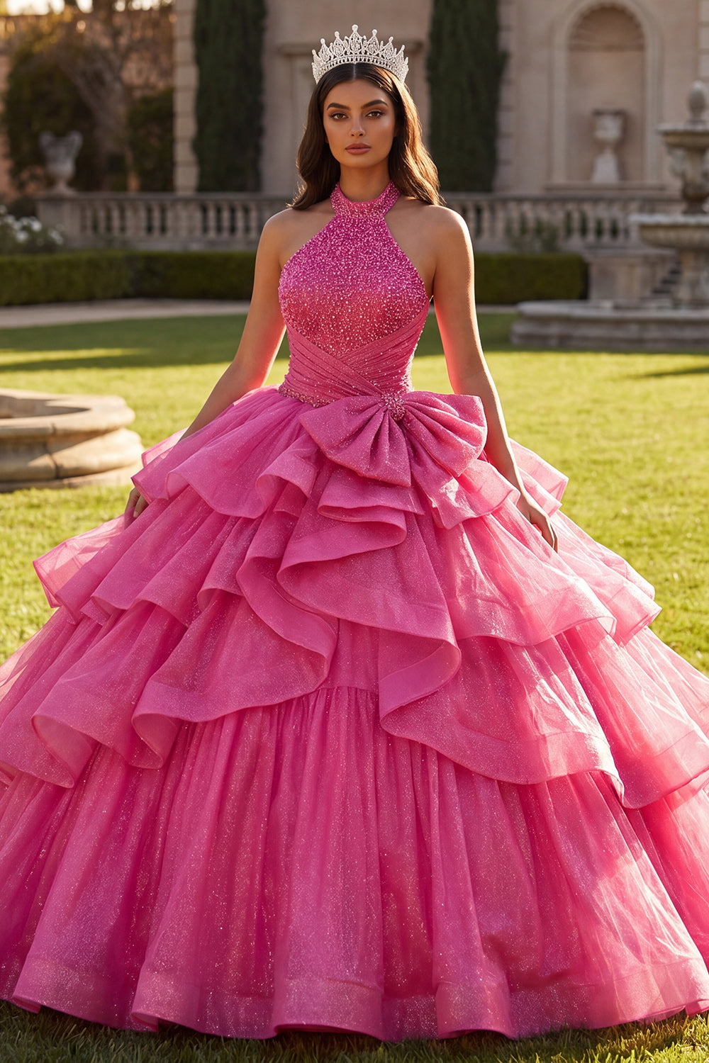 Fuchsia Halter Ruffled Ball Gown Quinceanera Dress with Bow