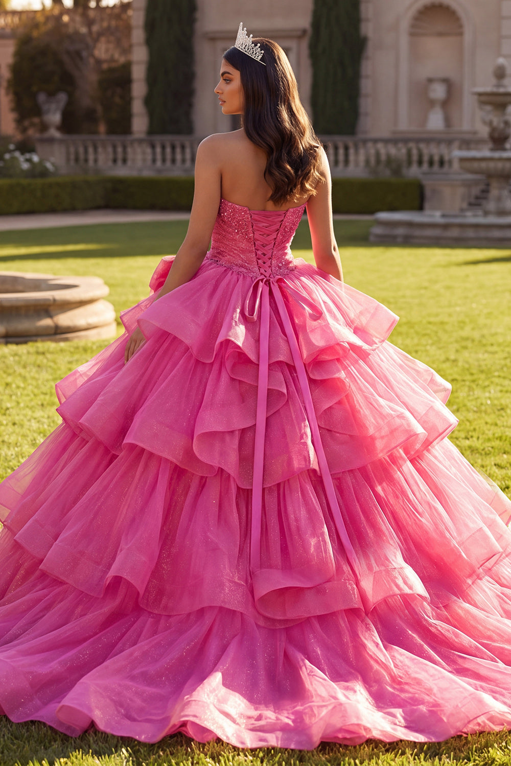 Fuchsia Halter Ruffled Ball Gown Quinceanera Dress with Bow