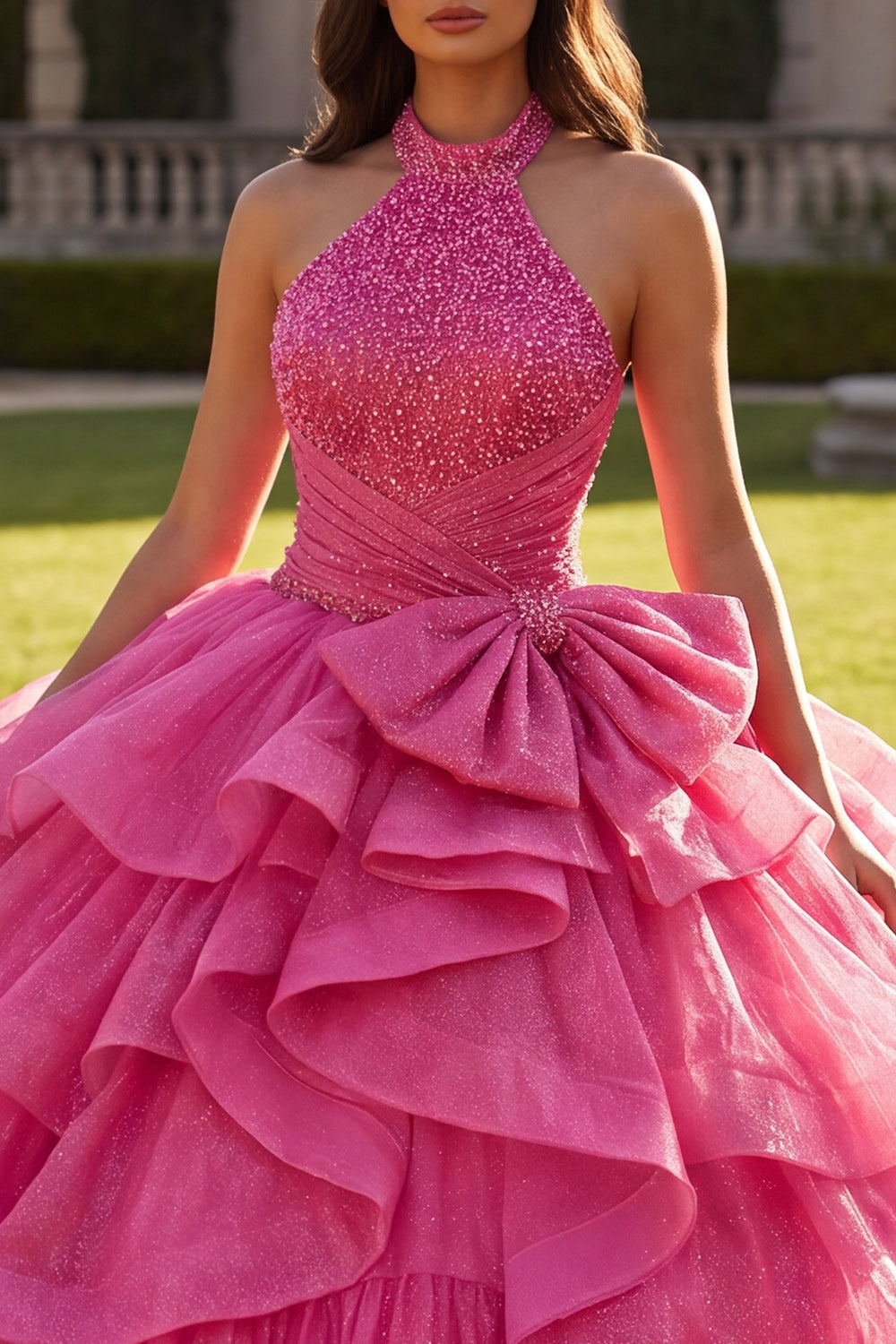 Fuchsia Halter Ruffled Ball Gown Quinceanera Dress with Bow