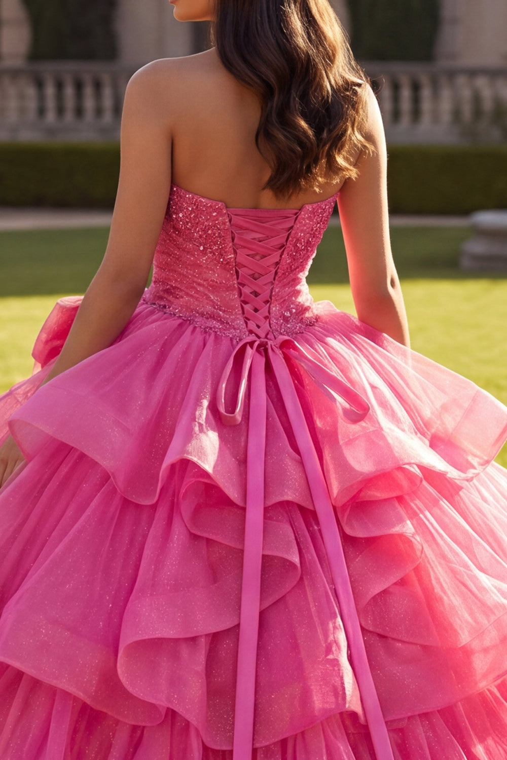 Fuchsia Halter Ruffled Ball Gown Quinceanera Dress with Bow