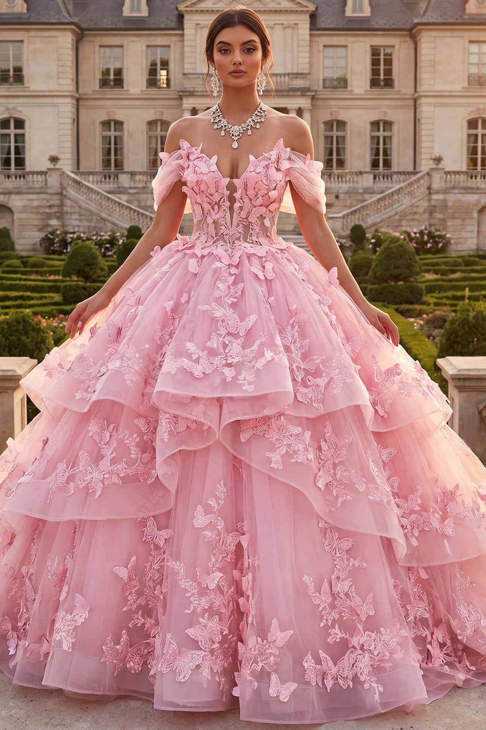 Off-the-Shoulder Pink Ball Gown Ruffled Appliquéd Quinceañera Dress