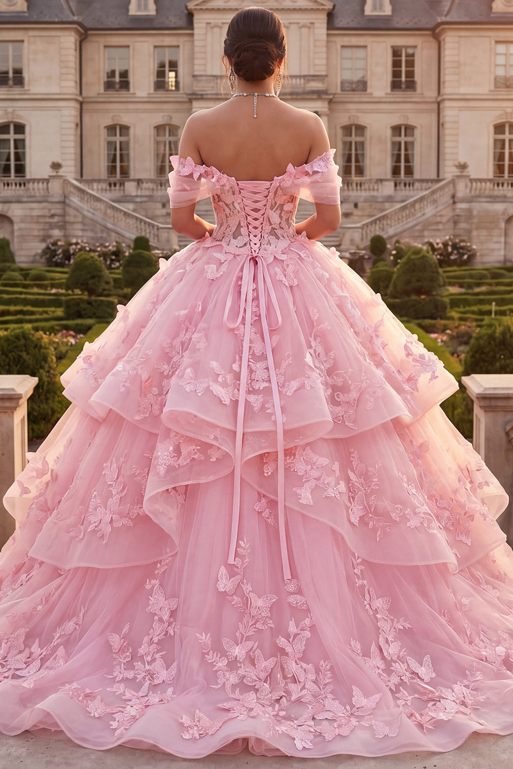 Off-the-Shoulder Pink Ball Gown Ruffled Appliquéd Quinceañera Dress