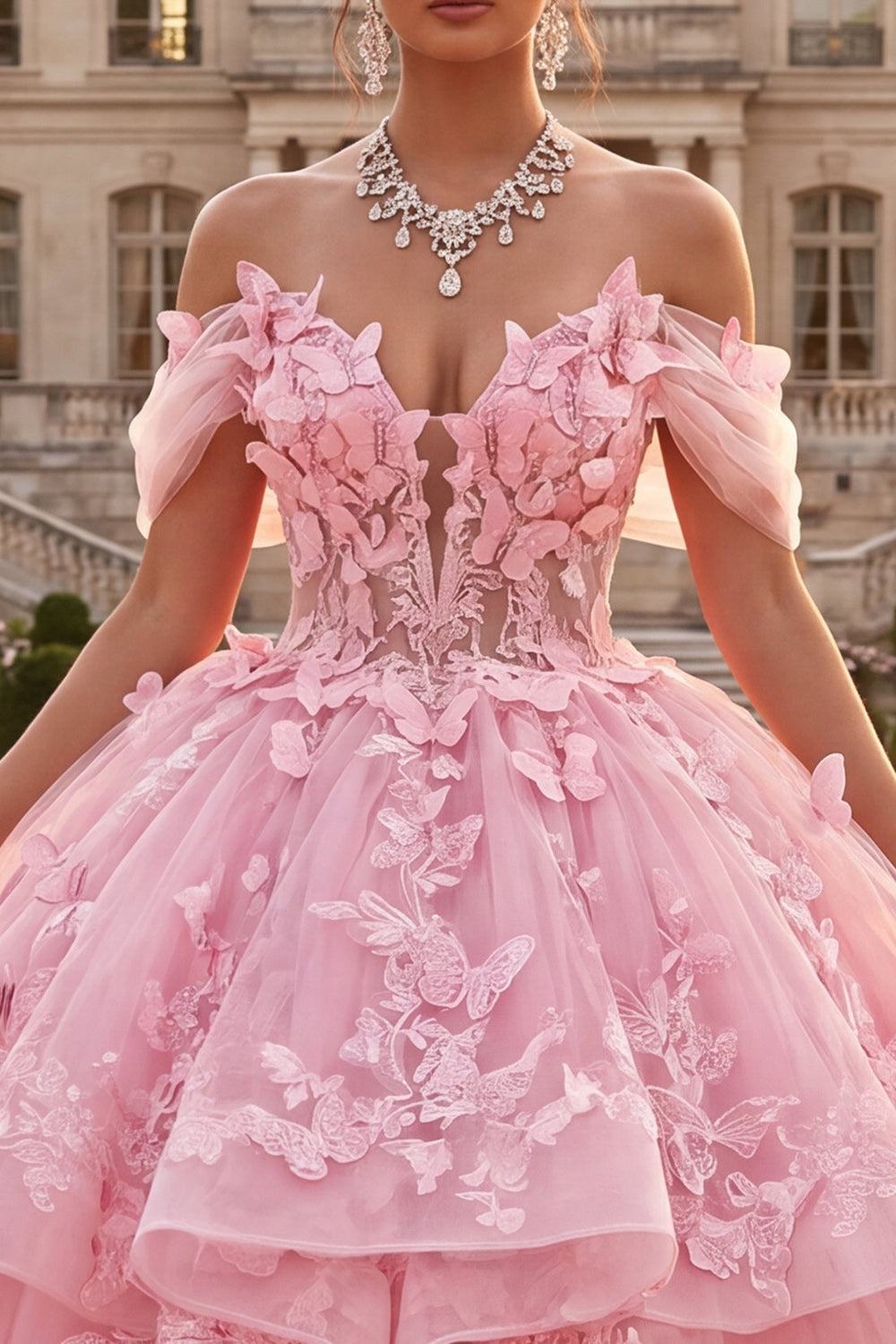Off-the-Shoulder Pink Ball Gown Ruffled Appliquéd Quinceañera Dress