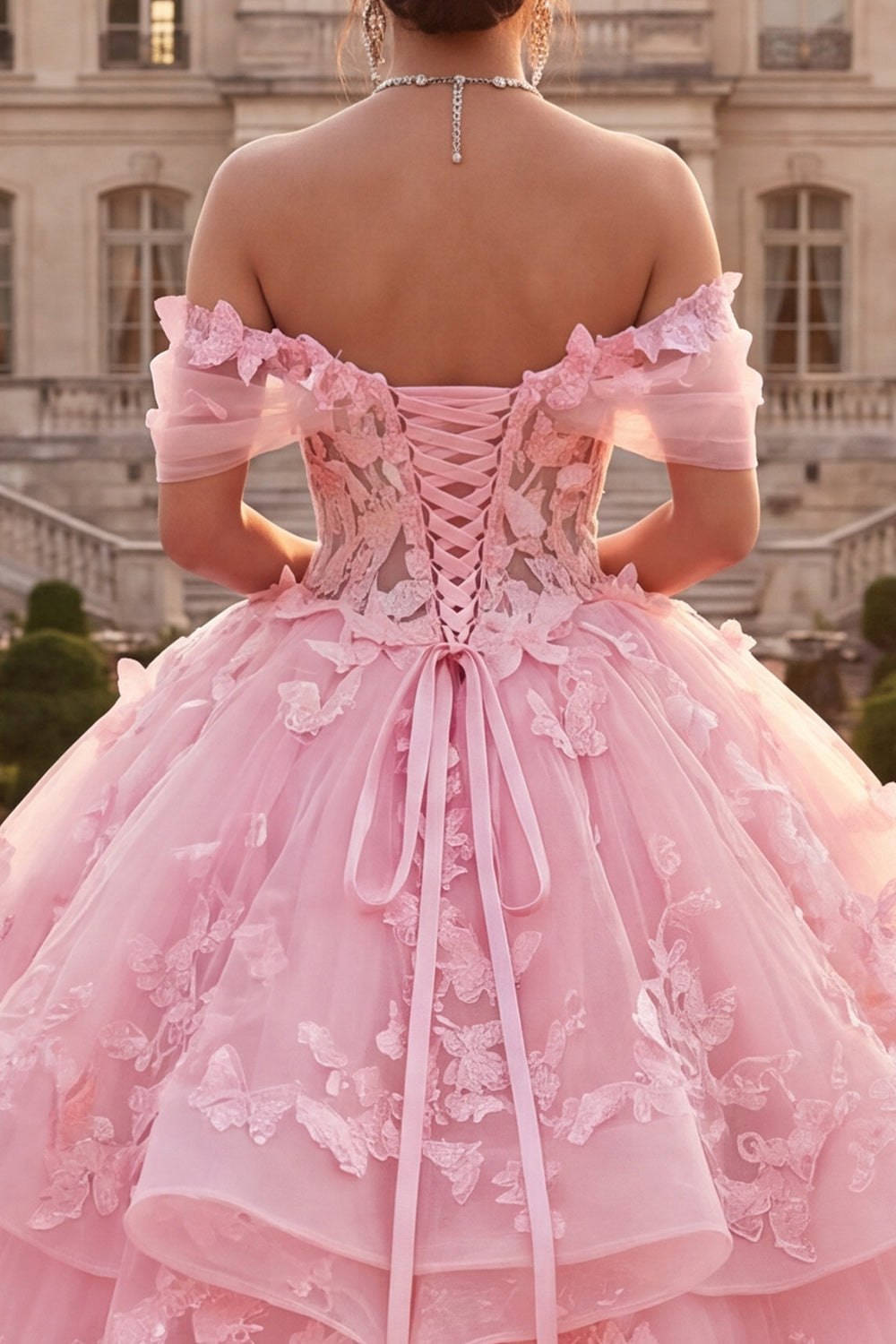 Off-the-Shoulder Pink Ball Gown Ruffled Appliquéd Quinceañera Dress