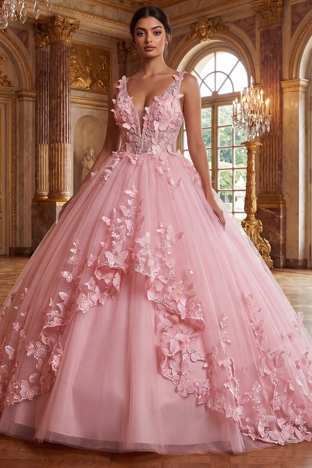 Pink V-Neck Ball-Gown Appliqued Quinceanera Dress