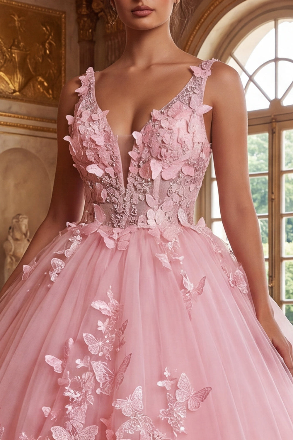 Pink V-Neck Ball-Gown Appliqued Quinceanera Dress
