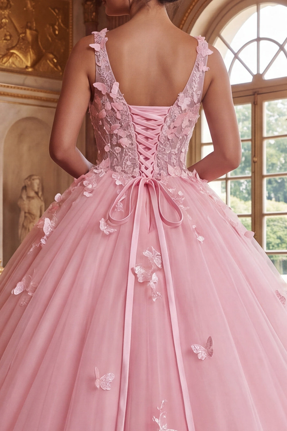 Pink V-Neck Ball-Gown Appliqued Quinceanera Dress